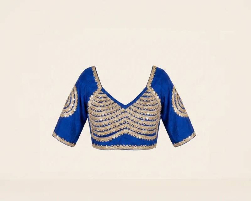 Royal blue silk blend embroidered blouse