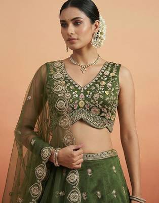 Women's Olive Chinnon Moti with Sequince Embroidered Lehenga Choli with Dupatta 2