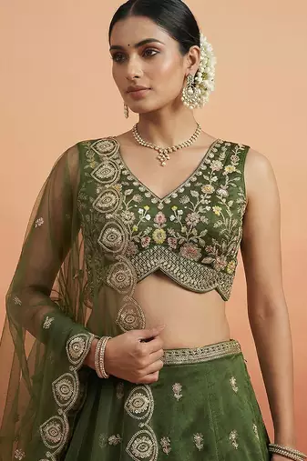 Women's Olive Chinnon Moti with Sequince Embroidered Lehenga Choli with Dupatta
