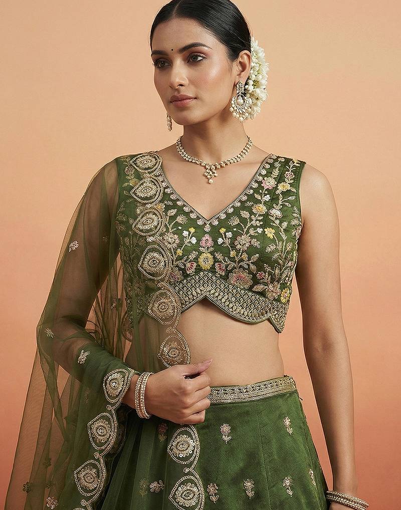Women's Olive Chinnon Moti with Sequince Embroidered Lehenga Choli with Dupatta