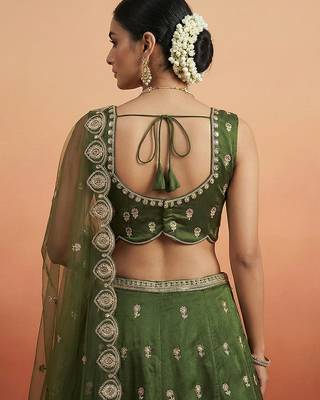 Women's Olive Chinnon Moti with Sequince Embroidered Lehenga Choli with Dupatta 3