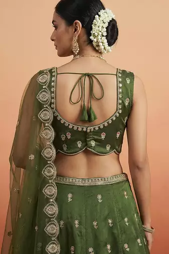 Women's Olive Chinnon Moti with Sequince Embroidered Lehenga Choli with Dupatta