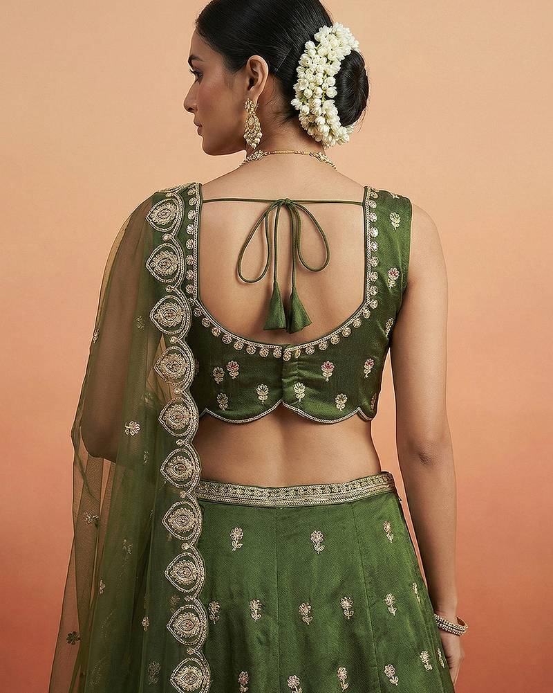 Women's Olive Chinnon Moti with Sequince Embroidered Lehenga Choli with Dupatta