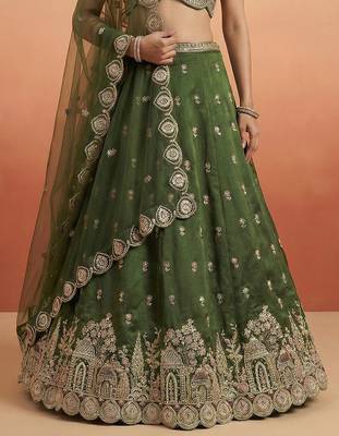 Women's Olive Chinnon Moti with Sequince Embroidered Lehenga Choli with Dupatta 4