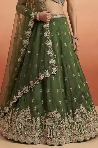 Women's Olive Chinnon Moti with Sequince Embroidered Lehenga Choli with Dupatta