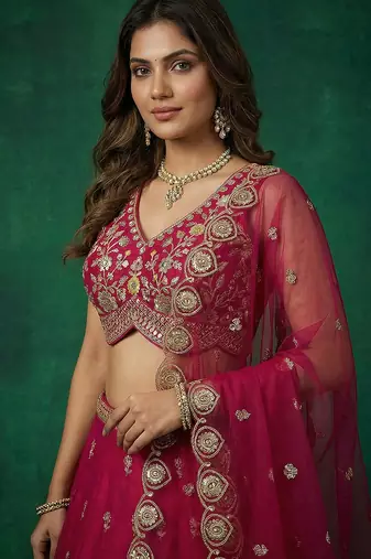 Women's Pink Chinnon Moti with Sequince Embroidered Lehenga Choli with Dupatta