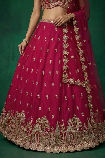 Women's Pink Chinnon Moti with Sequince Embroidered Lehenga Choli with Dupatta