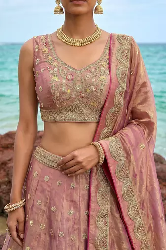 Women's Rose Gold Tissue Moti with Embroidered Lehenga Choli with Dupatta