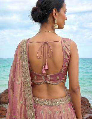 Women's Rose Gold Tissue Moti with Embroidered Lehenga Choli with Dupatta 3