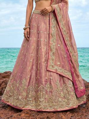 Women's Rose Gold Tissue Moti with Embroidered Lehenga Choli with Dupatta 4