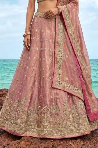 Women's Rose Gold Tissue Moti with Embroidered Lehenga Choli with Dupatta
