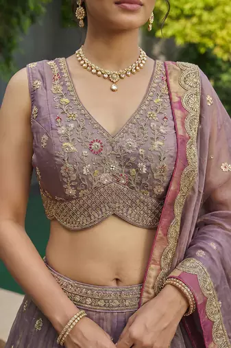 Women's Mauve Tissue Moti with Embroidered Lehenga Choli with Dupatta
