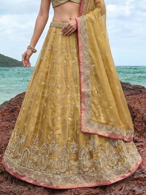 Women's Mustard Tissue Moti with Embroidered Lehenga Choli with Dupatta 4