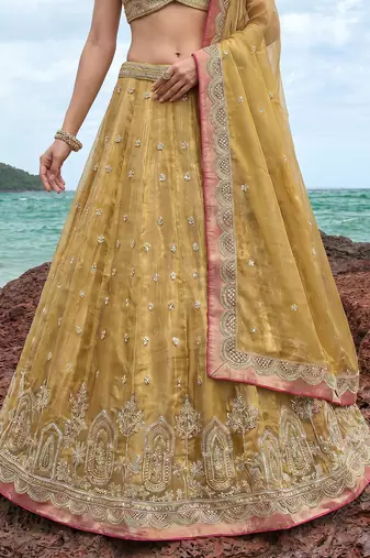 Women's Mustard Tissue Moti with Embroidered Lehenga Choli with Dupatta