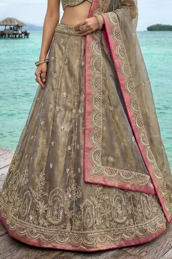Women's Shade of Teal Tissue Moti with Embroidered Lehenga Choli with Dupatta
