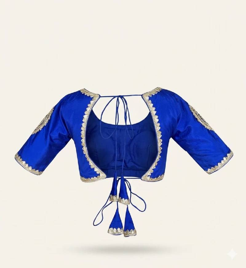 Royal blue silk blend embroidered blouse