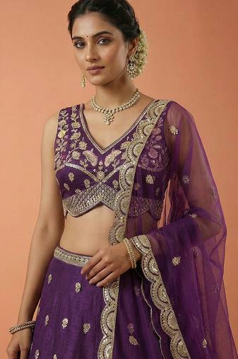 Women's Magenta Chinnon Silk Motif with Sequince Embroidered Lehenga Choli with Dupatta