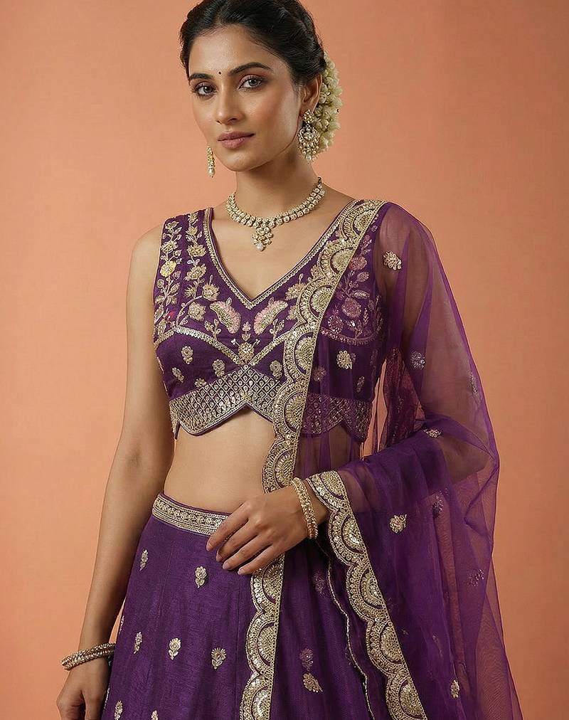 Women's Magenta Chinnon Silk Motif with Sequince Embroidered Lehenga Choli with Dupatta