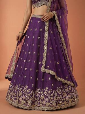 Women's Magenta Chinnon Silk Motif with Sequince Embroidered Lehenga Choli with Dupatta 3