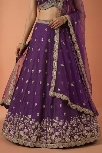 Women's Magenta Chinnon Silk Motif with Sequince Embroidered Lehenga Choli with Dupatta