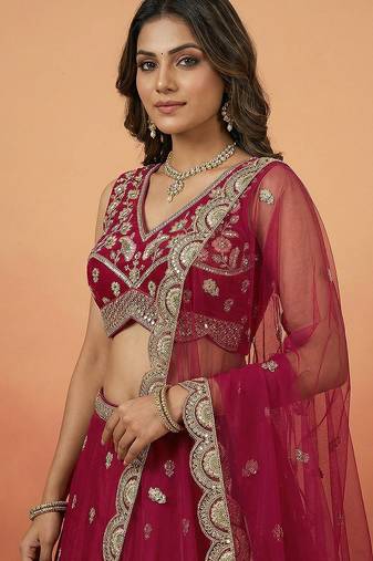 Women's Pink Chinnon Silk Motif with Sequince Embroidered Lehenga Choli with Dupatta