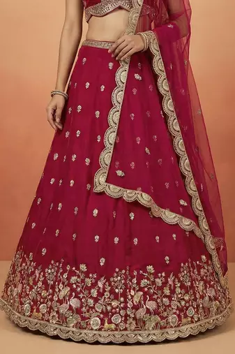Women's Pink Chinnon Silk Motif with Sequince Embroidered Lehenga Choli with Dupatta