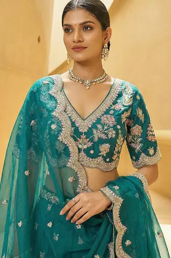Women's Green Chinnon Silk Motif with Sequince Embroidered Lehenga Choli with Dupatta