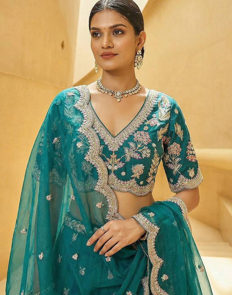 Women's Green Chinnon Silk Motif with Sequince Embroidered Lehenga Choli with Dupatta