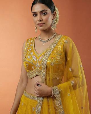 Women's Mustard Chinnon Silk Motif with Sequince Embroidered Lehenga Choli with Dupatta 2