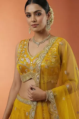 Women's Mustard Chinnon Silk Motif with Sequince Embroidered Lehenga Choli with Dupatta