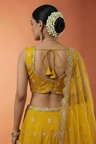 Women's Mustard Chinnon Silk Motif with Sequince Embroidered Lehenga Choli with Dupatta