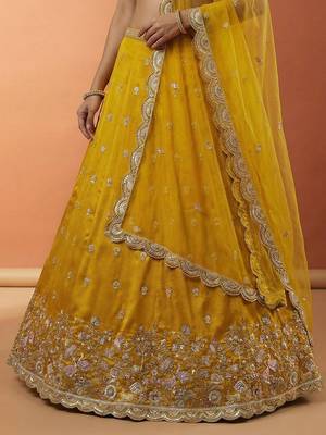 Women's Mustard Chinnon Silk Motif with Sequince Embroidered Lehenga Choli with Dupatta 4