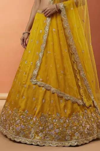 Women's Mustard Chinnon Silk Motif with Sequince Embroidered Lehenga Choli with Dupatta
