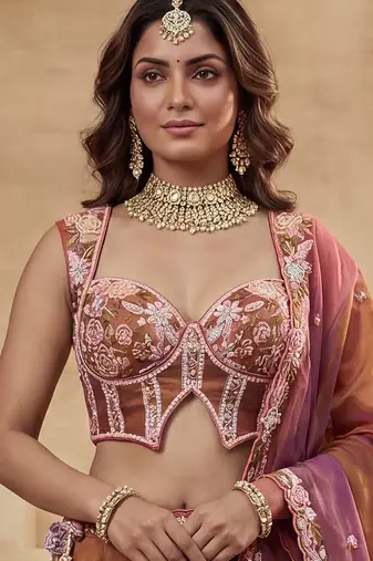 Women's Rust Tissue Moti with Embroidered Lehenga Choli with Dupatta