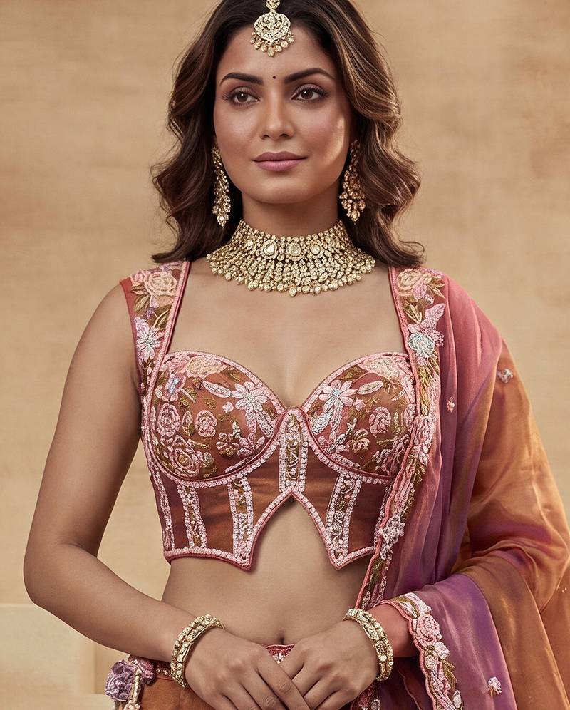 Women's Rust Tissue Moti with Embroidered Lehenga Choli with Dupatta