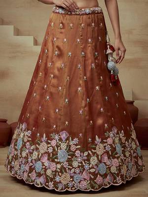 Women's Rust Tissue Moti with Embroidered Lehenga Choli with Dupatta 4