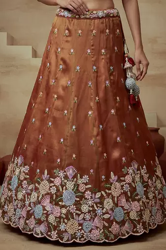 Women's Rust Tissue Moti with Embroidered Lehenga Choli with Dupatta