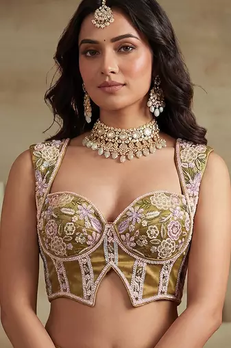 Women's Mustard Tissue Moti with Embroidered Lehenga Choli with Dupatta