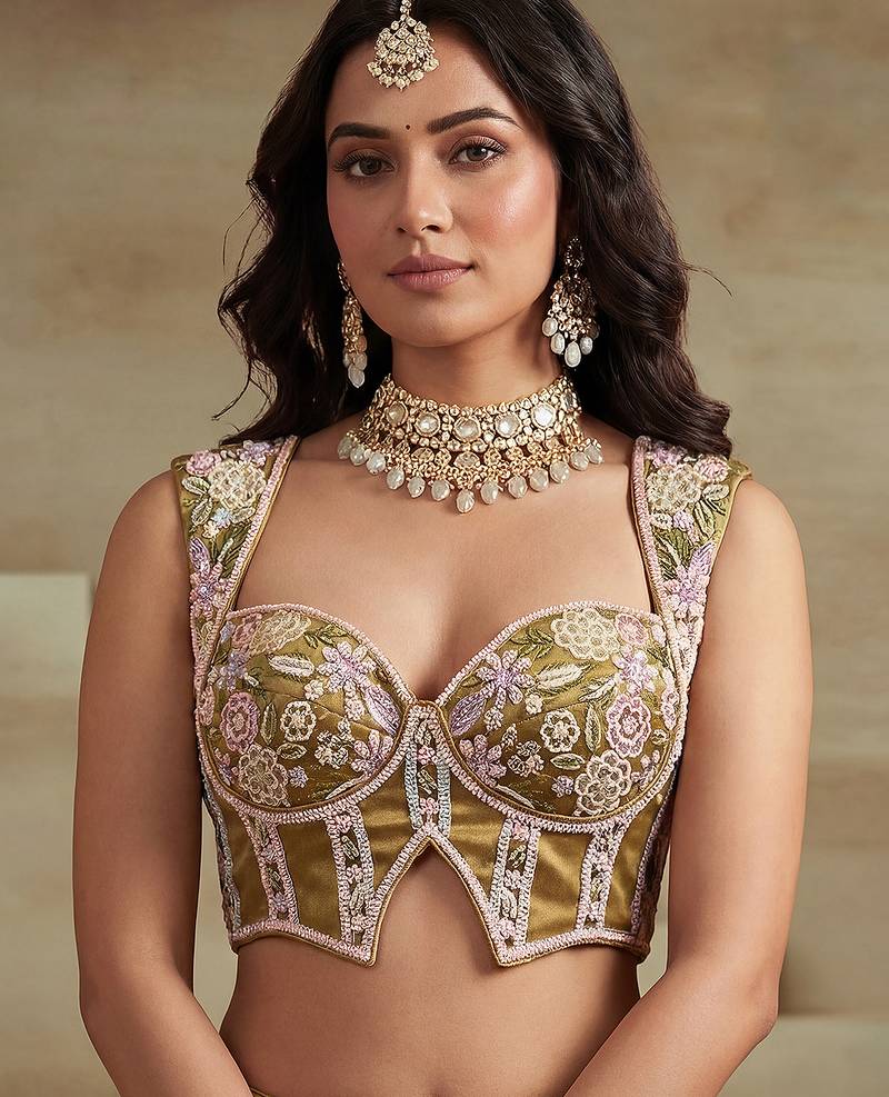 Women's Mustard Tissue Moti with Embroidered Lehenga Choli with Dupatta