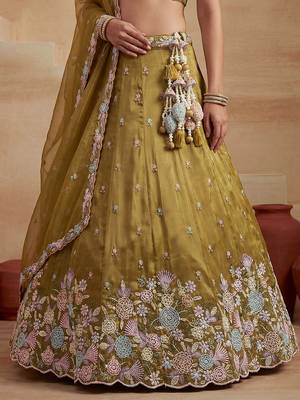 Women's Mustard Tissue Moti with Embroidered Lehenga Choli with Dupatta 4