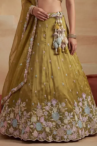 Women's Mustard Tissue Moti with Embroidered Lehenga Choli with Dupatta