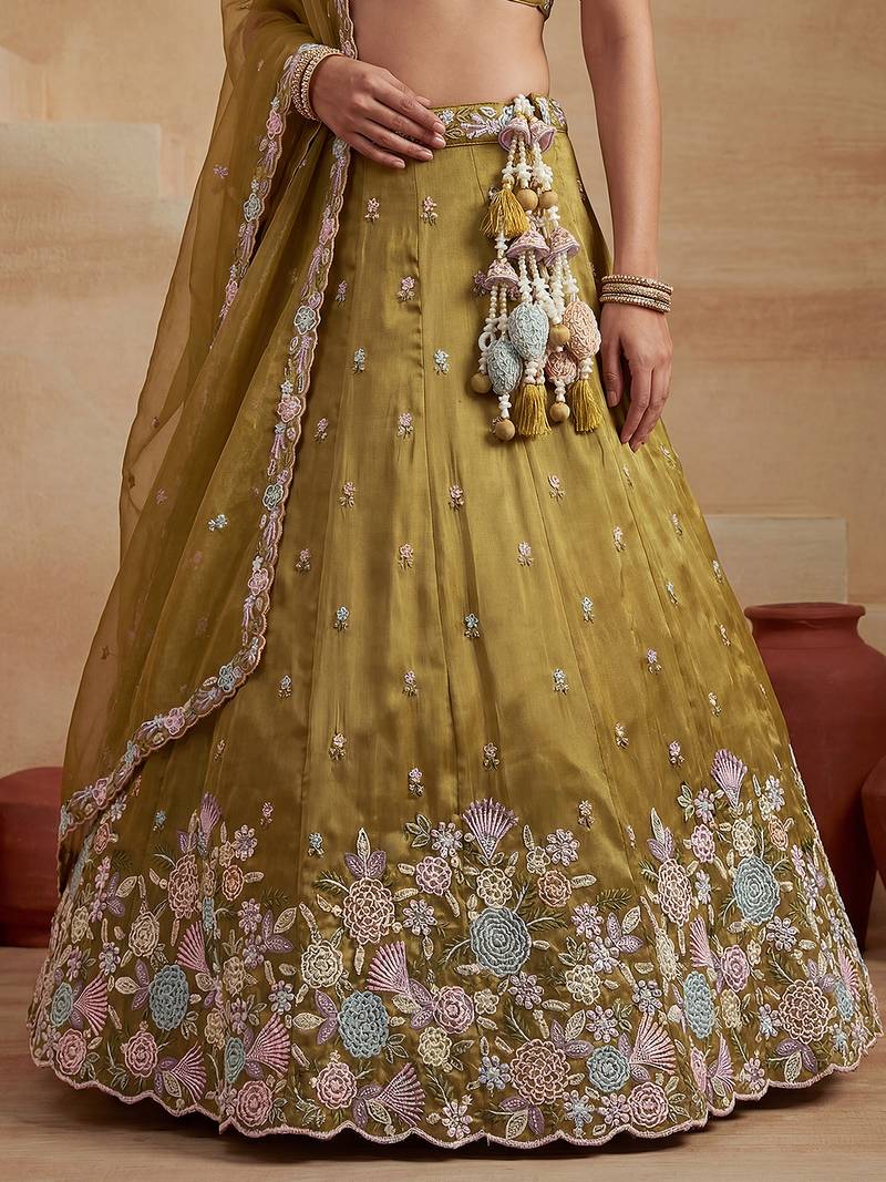 Women's Mustard Tissue Moti with Embroidered Lehenga Choli with Dupatta