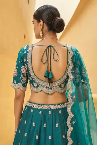 Women's Teal Blue Tissue Mirror sequince Embroidered Lehenga Choli with Dupatta