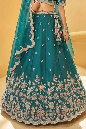 Women's Teal Blue Tissue Mirror sequince Embroidered Lehenga Choli with Dupatta