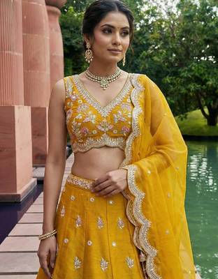 Women's Mustard Tissue Mirror sequince Embroidered Lehenga Choli with Dupatta 2
