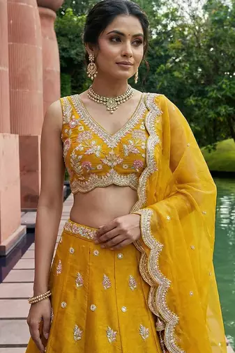 Women's Mustard Tissue Mirror sequince Embroidered Lehenga Choli with Dupatta