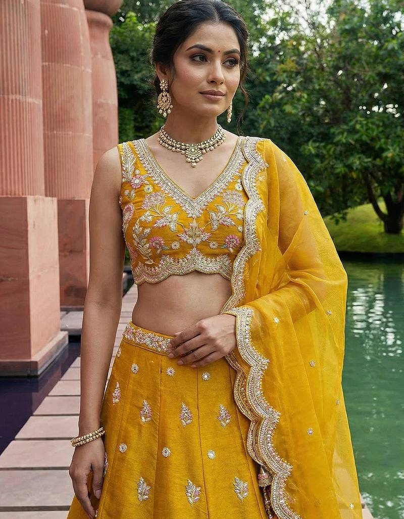 Women's Mustard Tissue Mirror sequince Embroidered Lehenga Choli with Dupatta