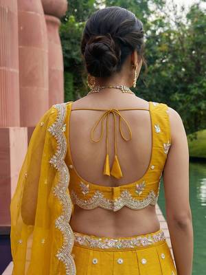 Women's Mustard Tissue Mirror sequince Embroidered Lehenga Choli with Dupatta 3