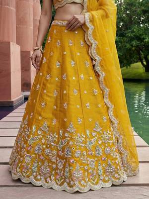 Women's Mustard Tissue Mirror sequince Embroidered Lehenga Choli with Dupatta 4