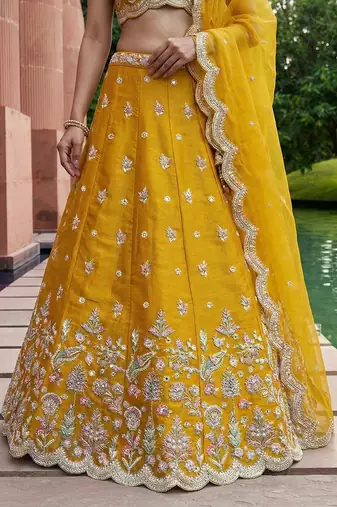 Women's Mustard Tissue Mirror sequince Embroidered Lehenga Choli with Dupatta